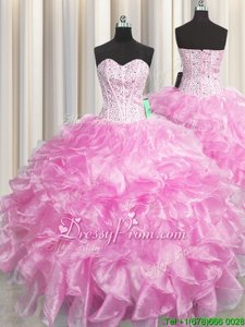Shining Rose Pink Zipper Quince Ball Gowns Beading and Ruffles Sleeveless Floor Length