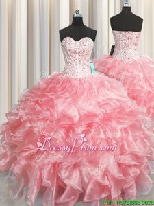 Organza Sweetheart Sleeveless Lace Up Beading and Ruffles Vestidos de Quinceanera inWatermelon Red