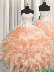 Gorgeous Floor Length Lace Up Quince Ball Gowns Peach and In forMilitary Ball and Sweet 16 and Quinceanera withBeading and Ruffles