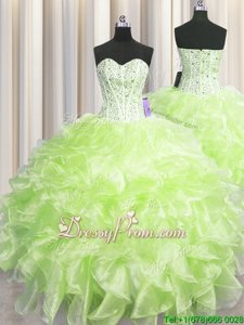 Custom Fit Sleeveless Organza Floor Length Lace Up 15th Birthday Dress inYellow Green forSpring and Summer and Fall and Winter withBeading and Ruffles