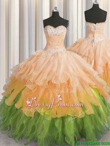 Perfect Multi-color Organza Lace Up Sweet 16 Quinceanera Dress Sleeveless Floor Length Beading and Ruffles and Ruffled Layers and Sequins