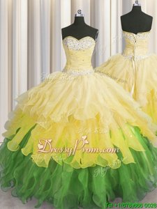 Fine Sleeveless Floor Length Beading and Ruffles and Ruffled Layers and Sequins Lace Up Sweet 16 Dress with Multi-color