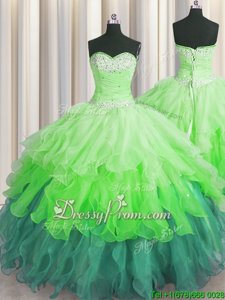 Traditional Multi-color Lace Up 15th Birthday Dress Beading and Ruffles and Ruffled Layers and Sequins Sleeveless Floor Length