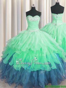 Fancy Multi-color Organza Lace Up Sweetheart Sleeveless Floor Length Sweet 16 Quinceanera Dress Beading and Ruffles and Ruffled Layers and Sequins