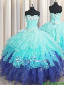 Admirable Spring and Summer and Fall and Winter Organza Sleeveless Floor Length Quince Ball Gowns andBeading and Ruffles and Ruffled Layers and Sequins