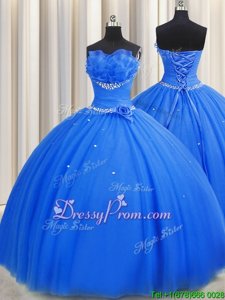 Beautiful Blue Strapless Neckline Beading and Sequins and Hand Made Flower Quinceanera Dresses Sleeveless Lace Up