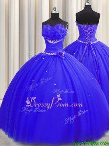 Nice Beading and Ruching and Hand Made Flower Quinceanera Dresses Royal Blue Lace Up Sleeveless Floor Length