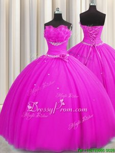 Pretty Fuchsia Tulle Lace Up Ball Gown Prom Dress Sleeveless Floor Length Beading and Sequins and Hand Made Flower