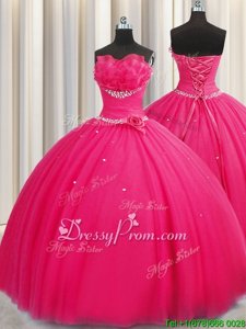 Glittering Strapless Sleeveless Tulle Vestidos de Quinceanera Beading and Sequins and Hand Made Flower Lace Up