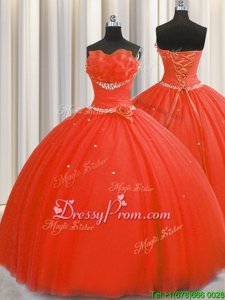 Sleeveless Floor Length Beading and Sequins and Hand Made Flower Lace Up Sweet 16 Dress with Coral Red