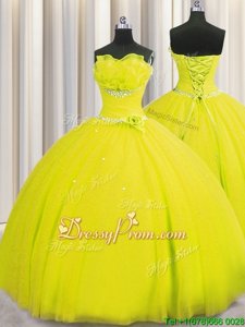 Fancy Yellow Tulle Lace Up Strapless Sleeveless Floor Length Ball Gown Prom Dress Beading and Sequins and Hand Made Flower