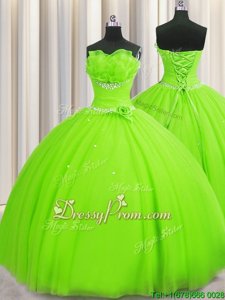 Spring Green Tulle Lace Up Strapless Sleeveless Floor Length Quinceanera Dress Beading and Sequins and Hand Made Flower