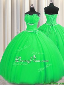 Luxury Sleeveless Lace Up Floor Length Beading and Sequins and Hand Made Flower Vestidos de Quinceanera
