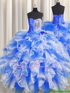 Discount Organza Sweetheart Sleeveless Lace Up Beading and Ruffles and Ruching Quinceanera Gown inBlue And White