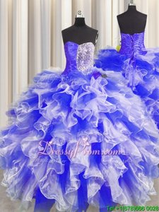Sweetheart Sleeveless Quince Ball Gowns Floor Length Beading and Ruffles and Ruching Blue And White Organza