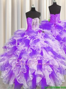 Inexpensive Floor Length Ball Gowns Sleeveless White And Purple 15th Birthday Dress Lace Up