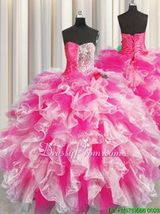 Pretty Beading and Ruffles and Ruching Quince Ball Gowns Multi-color Lace Up Sleeveless Floor Length