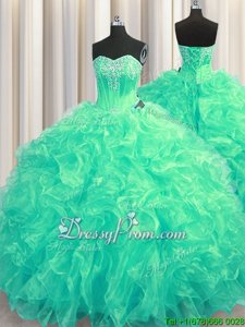 Turquoise 15 Quinceanera Dress Military Ball and Sweet 16 and Quinceanera and For withBeading and Ruffles Sweetheart Sleeveless Brush Train Lace Up