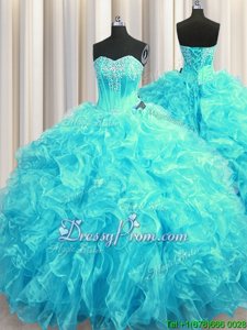 Fitting Organza Sweetheart Sleeveless Brush Train Lace Up Beading and Ruffles Ball Gown Prom Dress inAqua Blue