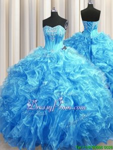 Top Selling Baby Blue Organza Lace Up Sweetheart Sleeveless Quinceanera Dress Sweep Train Beading and Ruffles