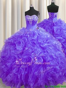 Pretty Lace Up Quinceanera Gown Lavender and In forMilitary Ball and Sweet 16 and Quinceanera withBeading and Ruffles Brush Train