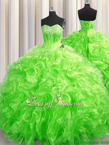 Simple Spring Green Sweetheart Lace Up Beading and Ruffles 15 Quinceanera Dress Sweep Train Sleeveless