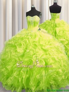 Edgy Yellow Green Ball Gowns Sweetheart Long Sleeves Organza Brush Train Lace Up Beading and Ruffles Sweet 16 Dresses