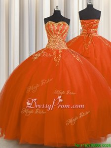 Excellent Orange Red Lace Up Sweetheart Beading Quinceanera Gown Tulle Sleeveless