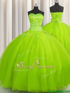 Decent Sweetheart Sleeveless Lace Up Ball Gown Prom Dress Yellow Green Tulle