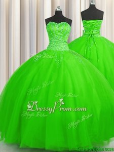 Customized Sleeveless Floor Length Beading Lace Up 15th Birthday Dress with Spring Green