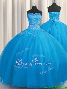 Adorable Floor Length Blue Sweet 16 Dress Sweetheart Sleeveless Lace Up