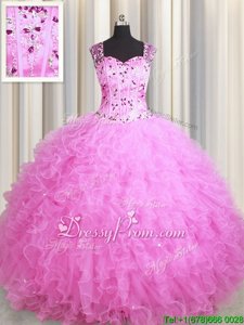 Stunning Rose Pink Ball Gowns Tulle Square Sleeveless Beading and Ruffles Floor Length Zipper Ball Gown Prom Dress
