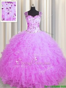 Custom Design Beading and Ruffles Quinceanera Dresses Lilac Zipper Sleeveless Floor Length