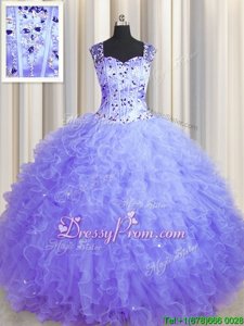 Captivating Lavender Square Neckline Beading and Ruffles Ball Gown Prom Dress Sleeveless Zipper