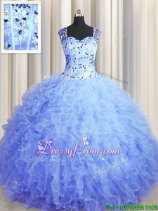 Deluxe Lavender Sweet 16 Dress Military Ball and Sweet 16 and Quinceanera and For withBeading and Ruffles Square Sleeveless Zipper