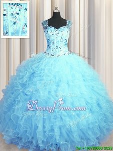 Best Baby Blue Zipper Square Beading and Ruffles Vestidos de Quinceanera Tulle Sleeveless