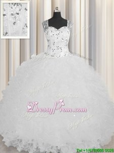 Noble Floor Length White 15th Birthday Dress Tulle Sleeveless Spring and Summer and Fall and Winter Beading and Ruffles
