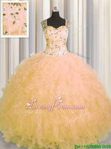 Fashion Straps Sleeveless Quinceanera Dress Floor Length Beading and Ruffles Gold Tulle