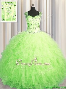 Top Selling Green Ball Gowns Beading and Ruffles Quinceanera Dresses Zipper Tulle Sleeveless Floor Length