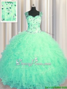 Sexy Turquoise Tulle Zipper Vestidos de Quinceanera Sleeveless Floor Length Beading and Ruffles