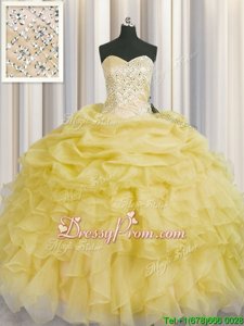 Fine Light Yellow Sleeveless Beading and Ruffles Floor Length Quinceanera Dresses