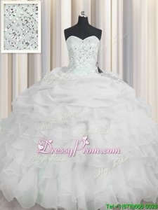 Cheap White Ball Gowns Beading and Ruffles Quinceanera Dress Lace Up Organza Sleeveless Floor Length
