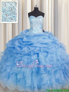 Custom Designed Baby Blue Organza Lace Up Sweet 16 Quinceanera Dress Sleeveless Floor Length Beading and Ruffles