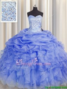Elegant Floor Length Purple Quince Ball Gowns Organza Sleeveless Spring and Summer and Fall and Winter Beading and Ruffles