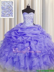 Customized Floor Length Lavender Sweet 16 Quinceanera Dress Organza Sleeveless Spring and Summer and Fall and Winter Beading and Ruffles