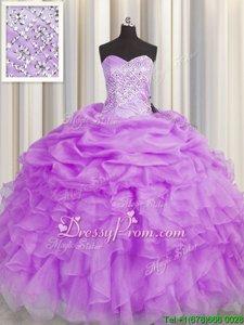 Beauteous Lavender Organza Lace Up Sweetheart Sleeveless Floor Length Quince Ball Gowns Beading and Ruffles