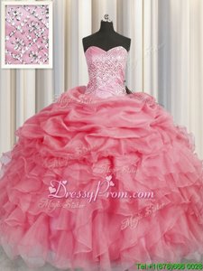 Free and Easy Sleeveless Organza Floor Length Lace Up Quinceanera Gown inCoral Red forSpring and Summer and Fall and Winter withBeading and Ruffles