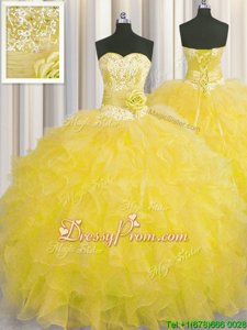Custom Designed Sleeveless Beading and Ruffles and Hand Made Flower Lace Up Quinceanera Gowns