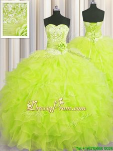 Trendy Sleeveless Beading and Ruffles and Hand Made Flower Lace Up 15 Quinceanera Dress