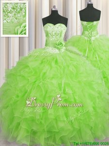 Decent Spring Green Sweetheart Neckline Beading and Ruffles and Hand Made Flower Quinceanera Gown Sleeveless Lace Up